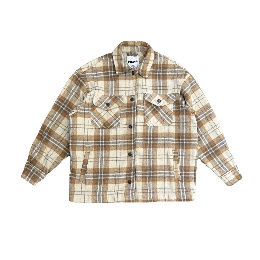 RSQ Brown Beige Plaid Flannel Shacket Button Front Chest Pockets Jacket Unisex S